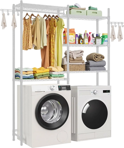 VEVOR Over Washer and Dryer Storage Shelves, 5 Tiers Laundry Room Drying Rack with Hanger Rod and Hooks, Two Rows Adjustable Washer Shelves Space Saver, for Laundry Room Storage & Organization, White