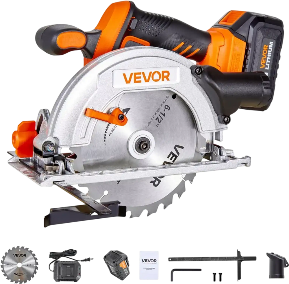 VEVOR Cordless Circular Saw, 6-1/2 inch Blade, 4700 RPM Speed, 0-45 Degree Bevel Capability, Brushless Motor, LED Light, Electric Circular Saw Kit with Battery and Charger Included, for Wood Cutting