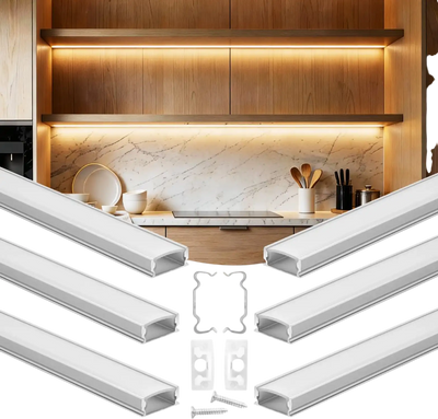 VEVOR 6-Pack 3.3 ft/1M U Shape LED Aluminum Channel, with Milky Cover, End Caps and Mounting Clips, Aluminum Profile for LED Strip Light Installations, Easy Installation, for Under Cabinet Counter