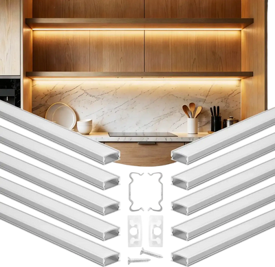 VEVOR 10-Pack 6.6 ft/2M U Shape LED Aluminum Channel, with Milky Cover, End Caps and Mounting Clips, Aluminum Profile for LED Strip Light Installations, Easy Installation, for Under Cabinet Counter