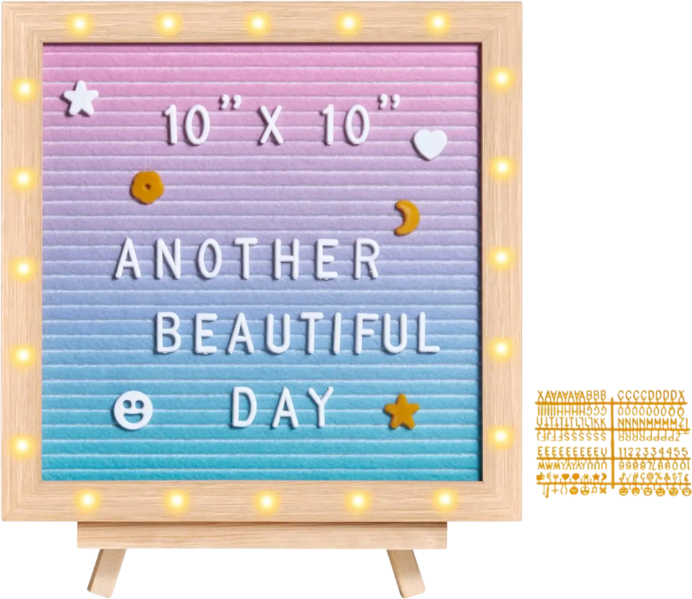 VEVOR Gradient Felt Letter Board, 10"x10" Felt Message Board, Changeable Sign Boards with 510 Letters, Stand, and Built-in LED Lights, Baby Announcement Sign for Home Classroom Office Decor Wedding