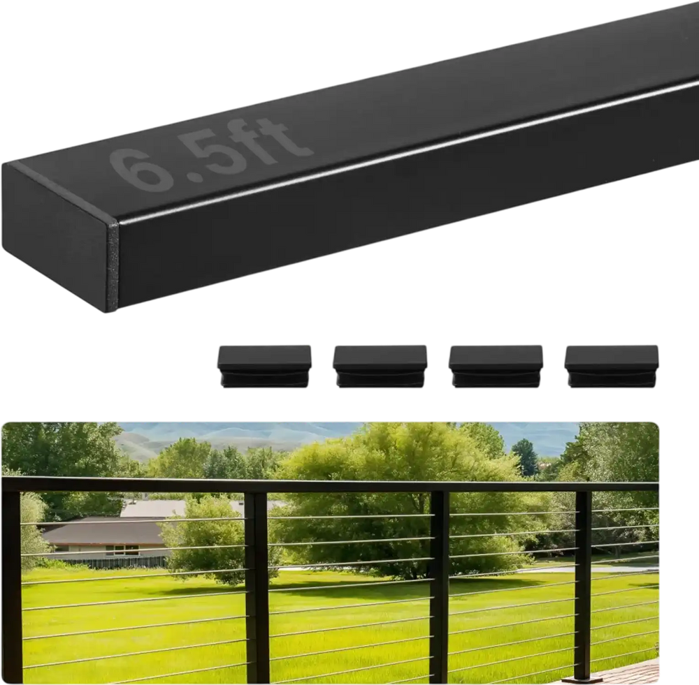 VEVOR 6.5 ft Stainless Steel Handrail, Rectangular Top Stair Deck Hand Rail for Outdoor/Indoor Steps with End Cap,Matte Black Coating Adjustable Metal Stair Rail for Cable Railing Kit