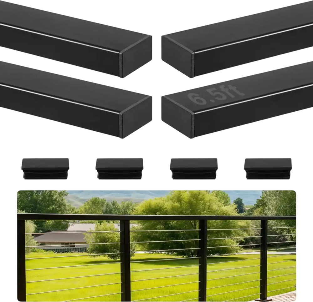 VEVOR 4 Pack 6.5 ft Stainless Steel Handrail, Rectangular Top Stair Deck Hand Rail for Outdoor/Indoor Steps with End Cap,Matte Black Coating Adjustable Metal Stair Rail for Cable Railing Kit