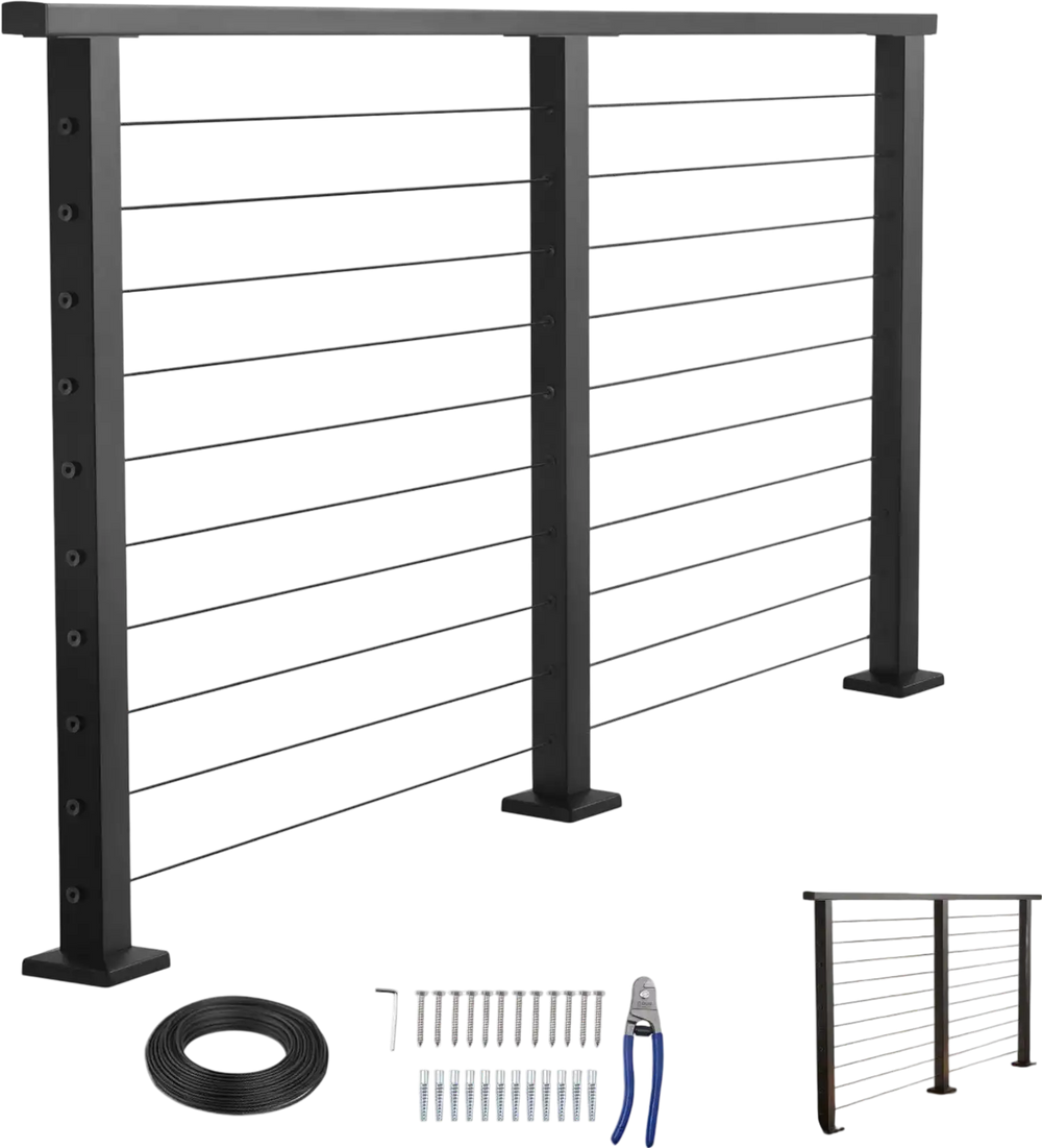 VEVOR 6.5 ft Complete Cable Railing Kit with Post, 36 inch Tall Matte Black Stainless Steel Handrail Cuttable for Outdoor/Indoor Steps, Level Hole Drilled Railing Posts System for Stairs,Deck,Balcony