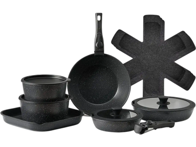VEVOR 17 Piece Pots and Pans Set, Granite Nonstick Detachable Handle Cookware, Space Saving Induction Cookwares, Kitchen RV Cooking Sets with Frying, Sauce, Saute, Tempered Glass Lid, Oven Safe, Black