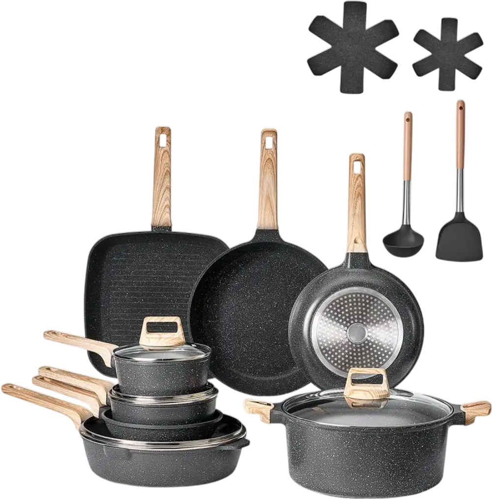VEVOR 19 Piece Pots and Pans Set, Granite Nonstick Cookware Set, Induction Cookwares, Kitchen RV Cooking Sets with Frying, Sauce, Saute, Tempered Glass Lids, and Pan Protectors, Black