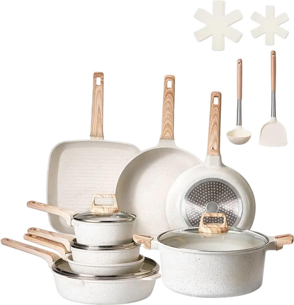 VEVOR 19 Piece Pots and Pans Set Nonstick, Granite Cookware Set, Induction Cookwares, Kitchen RV Cooking Sets with Frying, Sauce, Saute, Tempered Glass Lids, and Pan Protectors, White