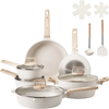 VEVOR 17 Piece Pots and Pans Set, Granite Nonstick Cookware Set, Induction Cookwares, Kitchen RV Cooking Sets with Frying, Sauce, Saute, Tempered Glass Lids, and Pan Protectors, White
