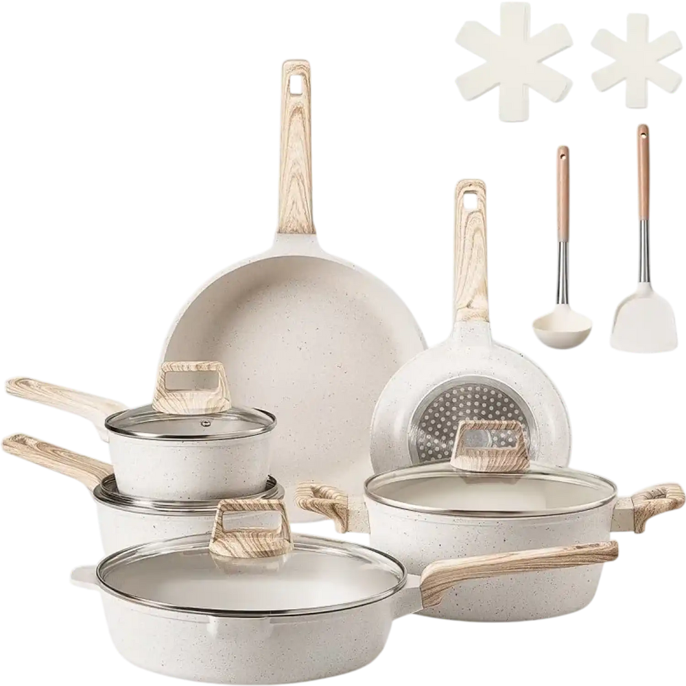 VEVOR 17 Piece Pots and Pans Set, Granite Nonstick Cookware Set, Induction Cookwares, Kitchen RV Cooking Sets with Frying, Sauce, Saute, Tempered Glass Lids, and Pan Protectors, White