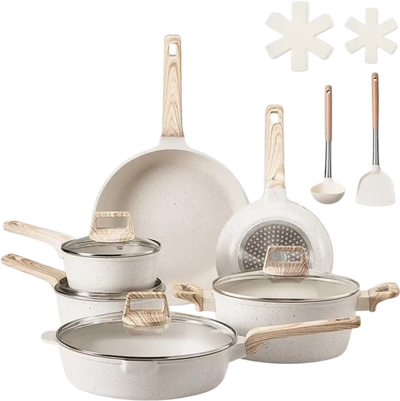 VEVOR 17 Piece Pots and Pans Set, Granite Nonstick Cookware Set, Induction Cookwares, Kitchen RV Cooking Sets with Frying, Sauce, Saute, Tempered Glass Lids, and Pan Protectors, White