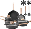 VEVOR 17 Piece Pots and Pans Set Nonstick, Granite Cookware Set, Induction Cookwares, Kitchen RV Cooking Sets with Frying, Sauce, Saute, Tempered Glass Lids, and Pan Protectors, Black