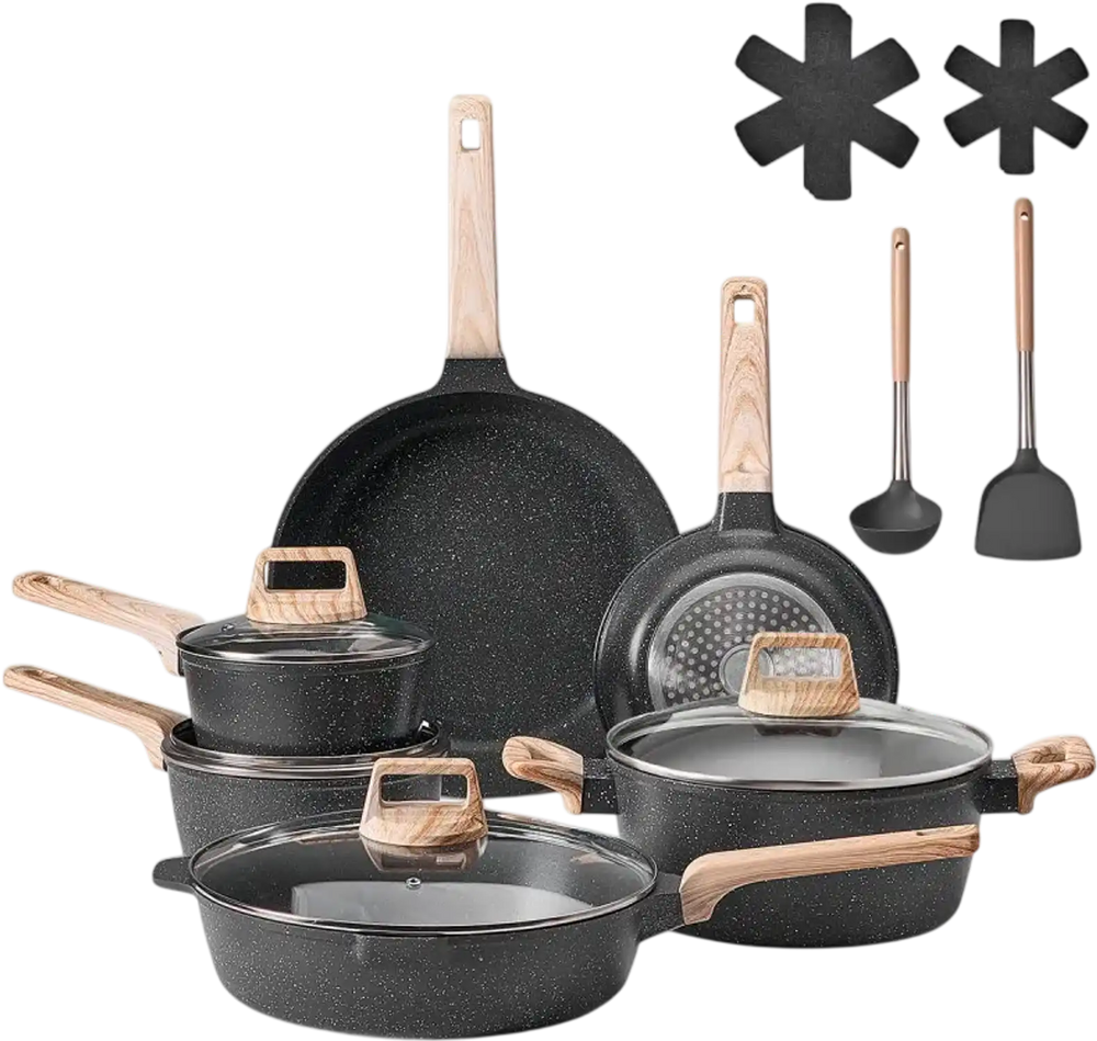 VEVOR 17 Piece Pots and Pans Set Nonstick, Granite Cookware Set, Induction Cookwares, Kitchen RV Cooking Sets with Frying, Sauce, Saute, Tempered Glass Lids, and Pan Protectors, Black