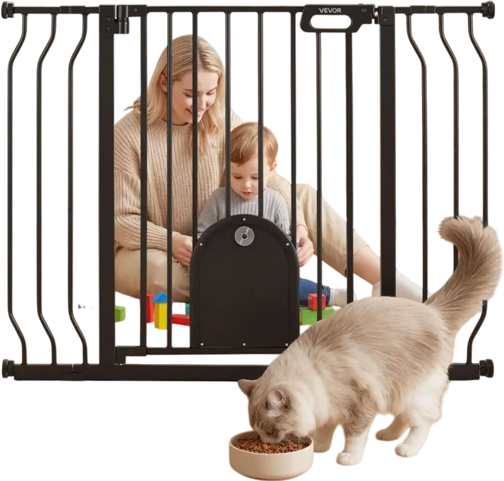 VEVOR Baby Gate for Stairs, 29.5-43 in Adjustable Width, Baby Gate with Adjustable Cat Door, with Pressure Mount Kit and Wall Mount Kit, Secure Metal Pet Door for Stairs, Doorways, and House, Black