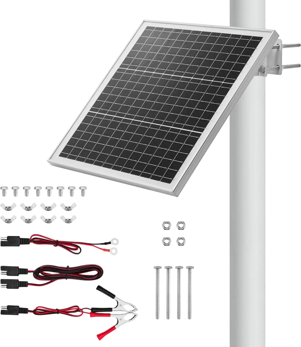 VEVOR 20W 12V Solar Panel Battery Charger, Solar Battery Trickle Charger Maintainer with Built-in Controller & 0-60° Adjustable Pole Mount Bracket, IP67 for Gate Fence Farm Lawn (Fit 1.5" - 3" Poles)