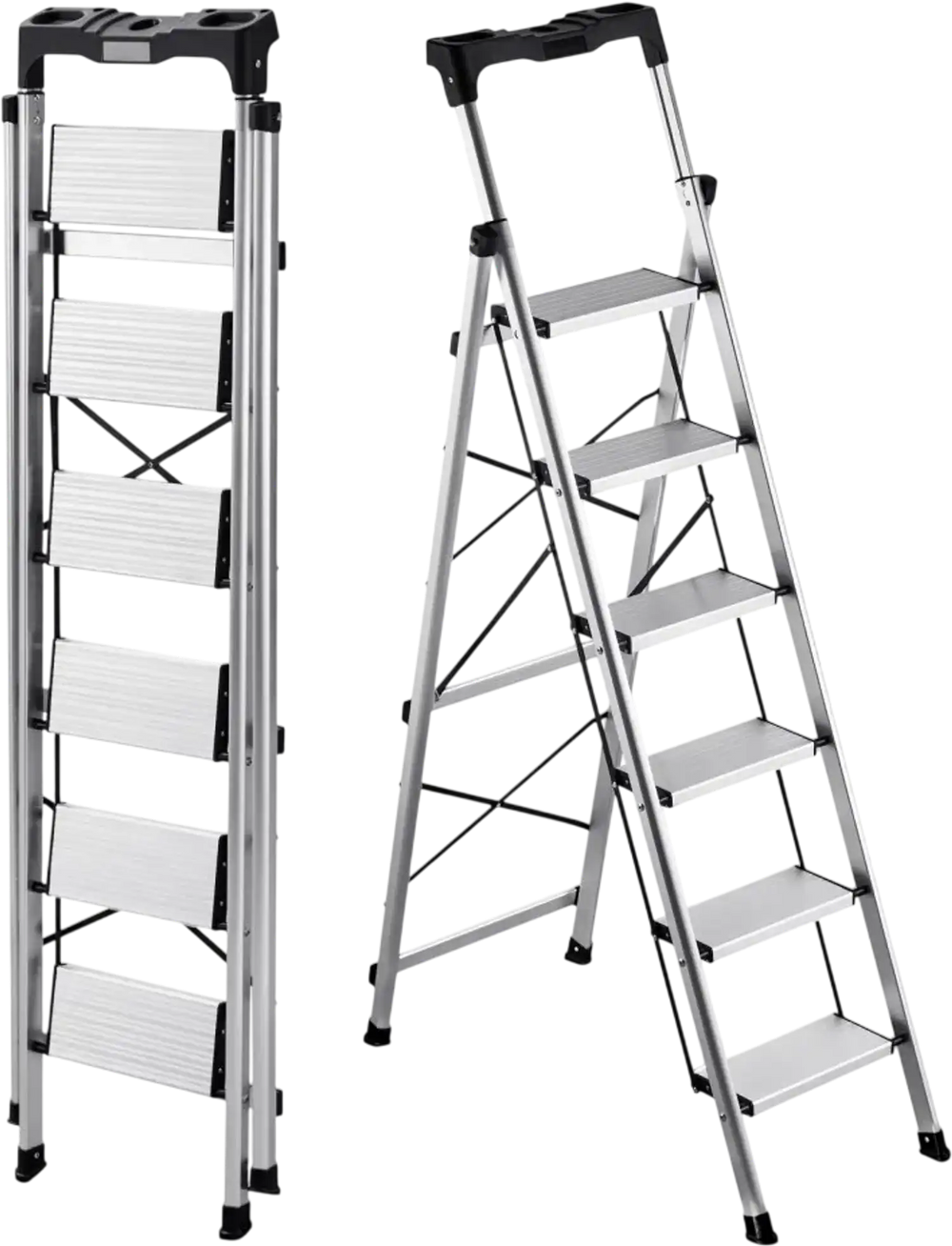 VEVOR 6 Step Ladder, Folding Step Stool with Wide Anti-Slip Pedal and Comfort Handgrip, 330 lbs Capacity Portable Aluminum Stepladder, Multi-Use for Kitchen, Warehouse, Household and Office, Silver