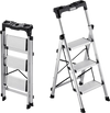 VEVOR 3 Step Ladder, Folding Step Stool with Wide Anti-Slip Pedal and Comfort Handgrip, 330 lbs Capacity Portable Aluminum Stepladder, Multi-Use for Kitchen, Warehouse, Household and Office, Silver
