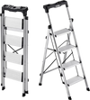 VEVOR 4 Step Ladder, Folding Step Stool with Wide Anti-Slip Pedal and Comfort Handgrip, 330 lbs Capacity Portable Aluminum Stepladder, Multi-Use for Kitchen, Home, Warehouse and Office, Silver