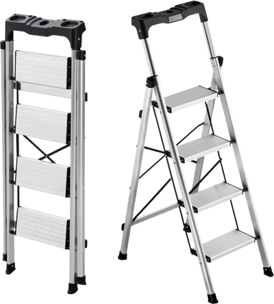 VEVOR 4 Step Ladder, Folding Step Stool with Wide Anti-Slip Pedal and Comfort Handgrip, 330 lbs Capacity Portable Aluminum Stepladder, Multi-Use for Kitchen, Home, Warehouse and Office, Silver
