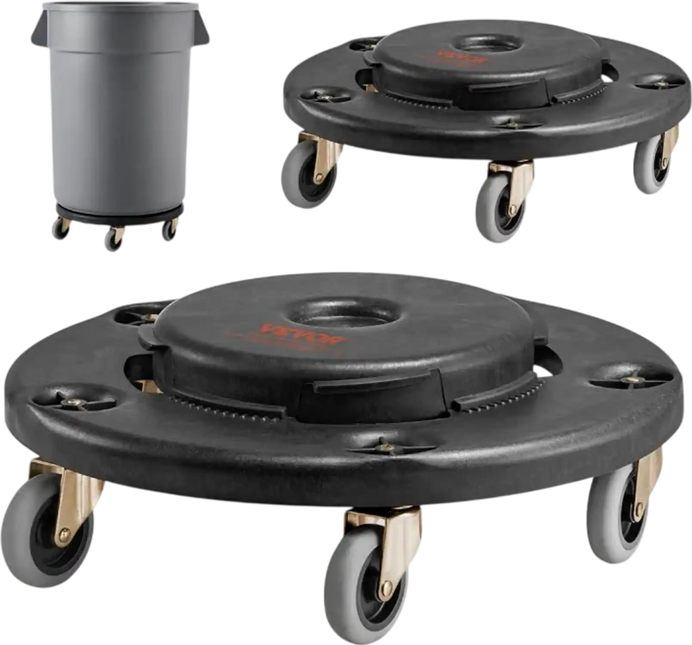 VEVOR Trash Can Dolly, Fit 20, 32, 44, 55 Gallon Containers, 2 Packs Round Trash Can Roller Base with 4 Lockable Wheels, 500lbs Heavy Duty Barrel Dolly, Multi-Functional Rolling Dolly Cart