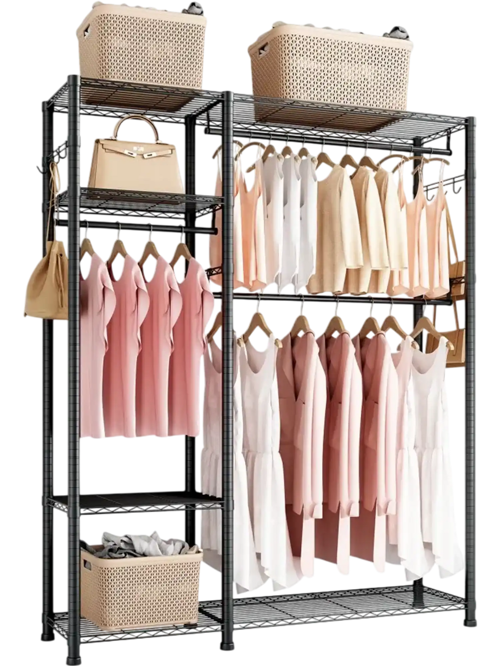 VEVOR Clothing Garment Rack, Heavy Duty Clothes Rack, 6 Adjustable Tiers Clothes Racks with Steel Frame, 800 lbs Load Capacity Closet Wardrobe with 3 Hanging Rods for Bedroom, Clothing Store, Hallway