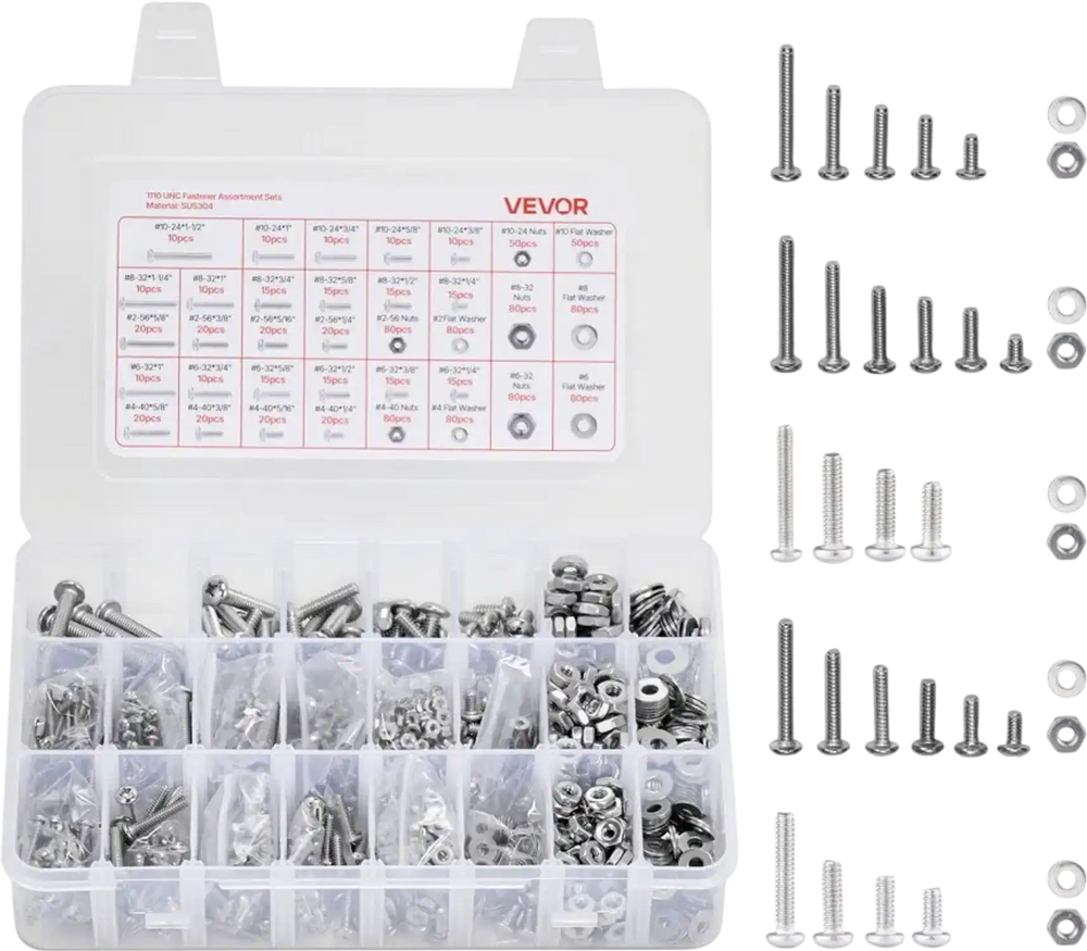 VEVOR 1110 Pcs Bolts and Nuts Assortment Kit, Imperial Machine Screws and Flat Washers, Stainless Steel 10-24,8-32,2-56,6-32,4-40, for Furniture /Equipment/Vehicle Assembly, Silver