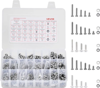 VEVOR 1110 Pcs Bolts and Nuts Assortment Kit, Imperial Machine Screws and Flat Washers, Stainless Steel 10-24,8-32,2-56,6-32,4-40, for Furniture /Equipment/Vehicle Assembly, Silver