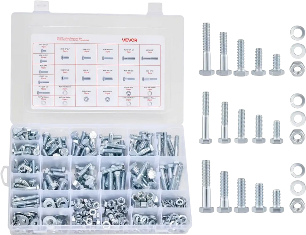 VEVOR 566 Pcs Bolts and Nuts Assortment Kit, Imperial Machine Screws and Flat Washers, Alloy Steel 1/4-20,5/16-18,3/8-16, for Furniture /Equipment/Vehicle Assembly, Galvanized White