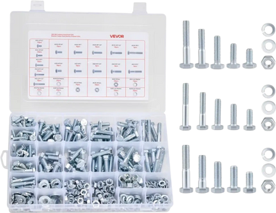 VEVOR 566 Pcs Bolts and Nuts Assortment Kit, Imperial Machine Screws and Flat Washers, Alloy Steel 1/4-20,5/16-18,3/8-16, for Furniture /Equipment/Vehicle Assembly, Galvanized White
