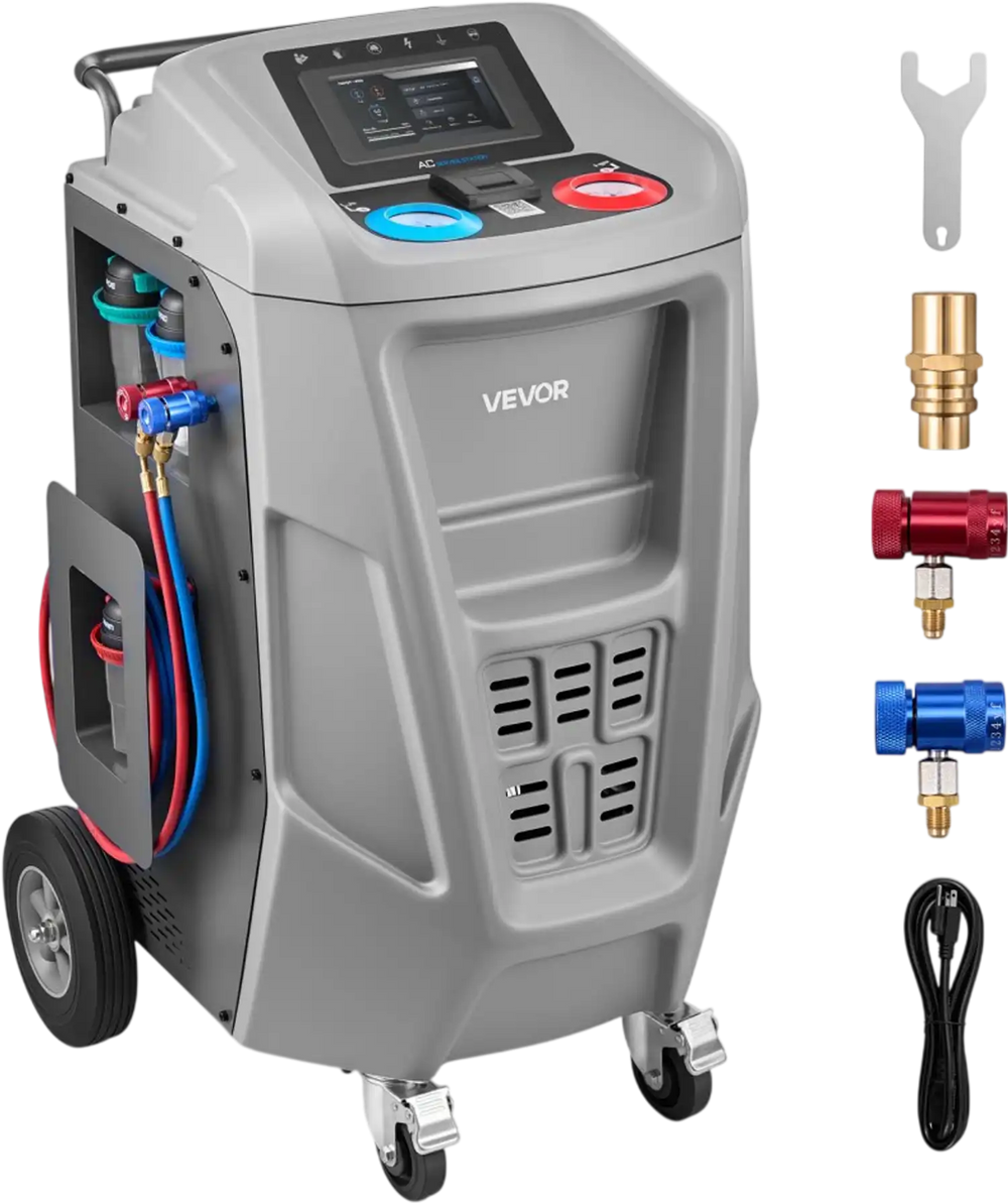VEVOR Fully Automatic Refrigerant Recovery Machine for 1234yf, ≥98.5% Accuracy, 7-Inch Touch Screen, AC Recovery, Vacuum, and Recharging Machine for Standard and High Voltage Automotive A/C Systems