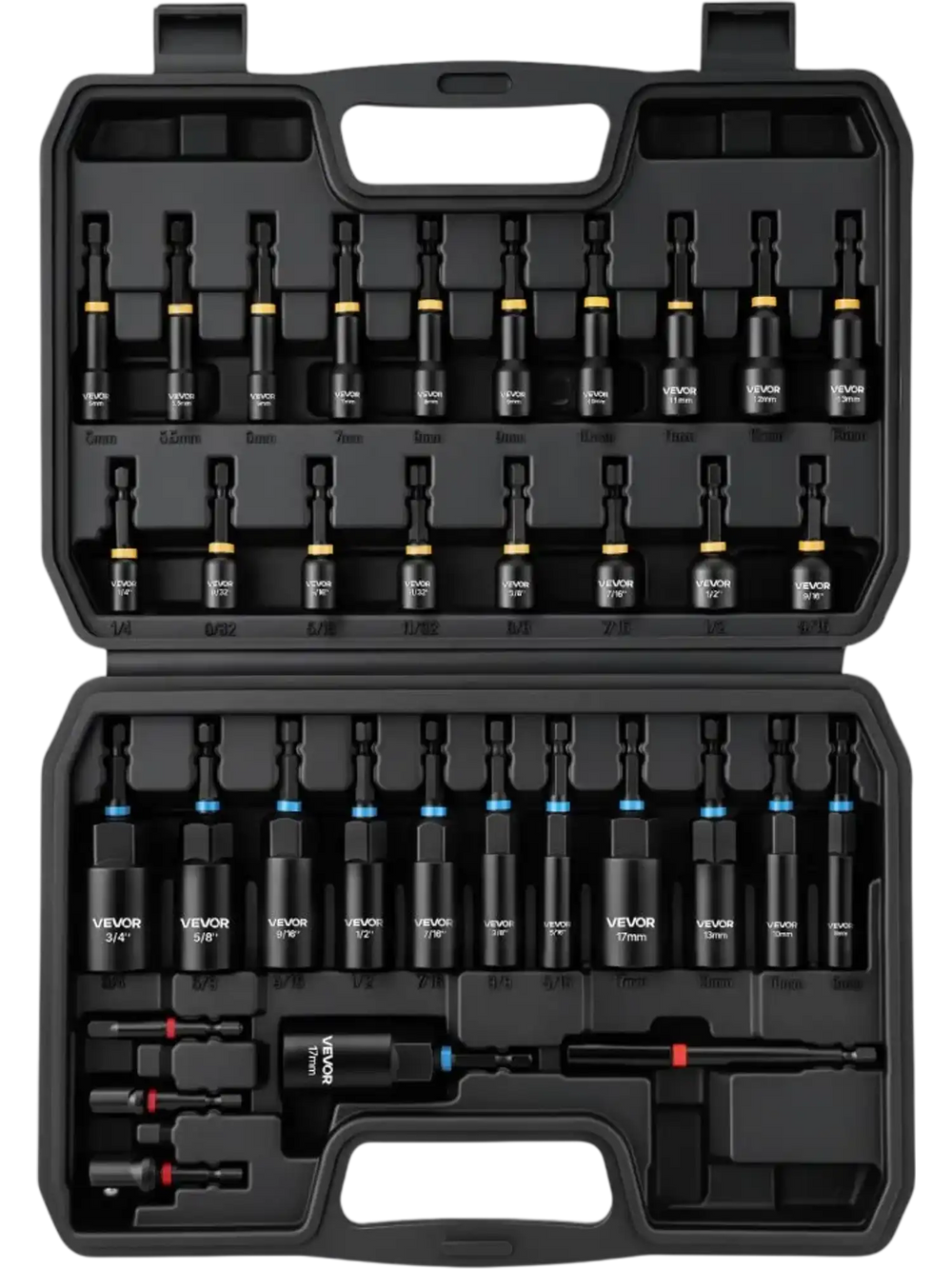 VEVOR Master Magnetic Impact Nut Driver Set 34-Piece, Metric & SAE Sizes, with Nut Setter, Quick Release Extension, Wing Nut Driver, Storage Box, Versatile for Automotive, Machinery, and DIY Tasks