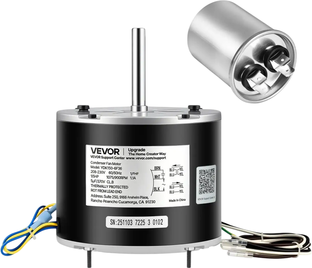 VEVOR Condenser Fan Motor with Capacitor, 1/5HP 1075/900RPM 208-230V, Replaces 12Y75, 97M49, 100483-02, 43W49, Compatible with Lennox Interlink Emerson K48HXGCK-4210 K48HXGFG-4294 YFK-150-6
