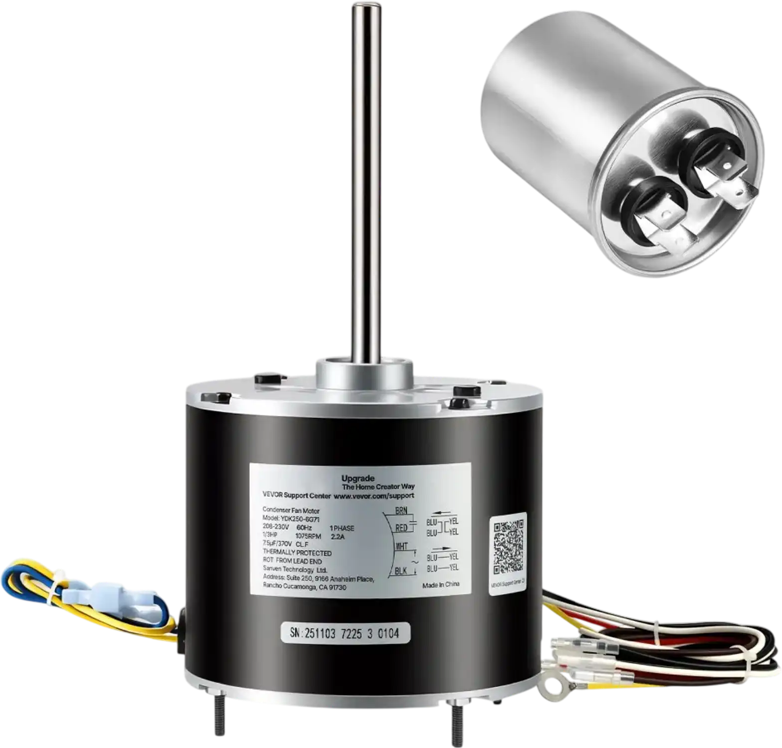 Vevor Condenser Fan Motor 1/3HP 1075RPM 208-230V with Capacitor New