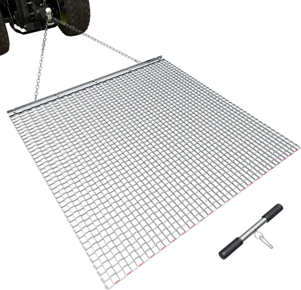 VEVOR Drag Harrow, 4 x 4 ft, High-Efficiency Chain Harrow Rake, ATVs UTVs Tractors Attachments, Durable Galvanized Steel Mesh Drag Mat with Towing Chain, for Gravel Driveway Ruts Farm Field Leveling