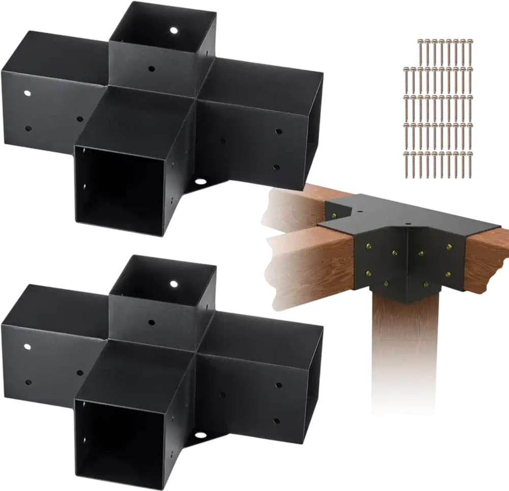 VEVOR Pergola Bracket Kit 4''x4''(Inner Size 3.6x3.6), 2pcs 4-Way Heavy Duty Corner Bracket Woodworks DIY Post Base Kit, Easy Installation Wooden Beams for Gazebos, Patio Pergolas, Log Cabin Outdoor