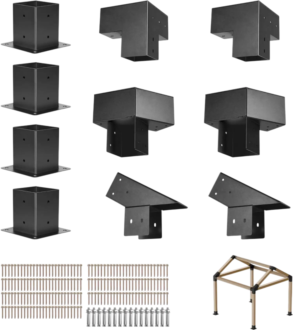 VEVOR Pergola Kit, 4x4 Inch Pointed-Roof Pergola Brackets for 3.5x3.5 In Lumbers in Actual Size, 3-Way / 4-Way Gazebo Bracket with Post Bases & Ridge Brackets for Outdoor Pergolas Gazebo Shed, 14 Pcs