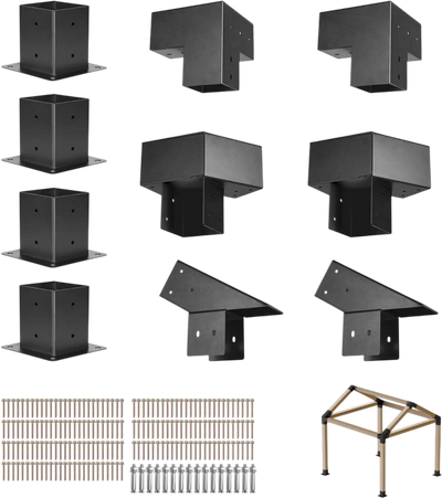 VEVOR Pergola Kit, 4x4 Inch Pointed-Roof Pergola Brackets for 3.5x3.5 In Lumbers in Actual Size, 3-Way / 4-Way Gazebo Bracket with Post Bases & Ridge Brackets for Outdoor Pergolas Gazebo Shed, 14 Pcs