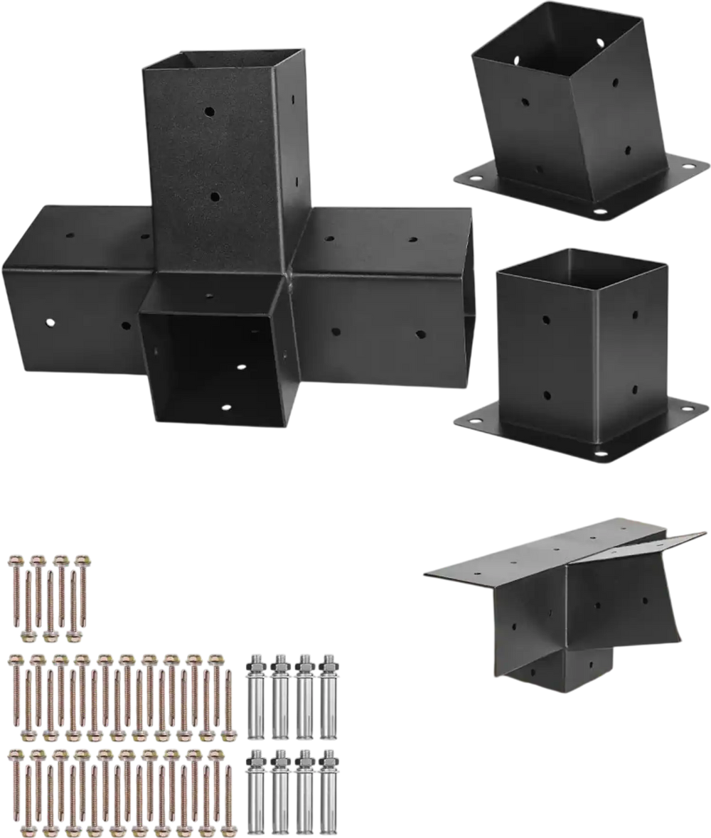 VEVOR Pergola Kit, 4x4 Inch 4-Way Slanted Bracket for 3.5x3.5 Inch Wood Beams in Actual Size, Carbon Steel Pergola Bracket with Post Base and Wall Mount Base, for Outdoor Pergolas, Gazebos, Sheds