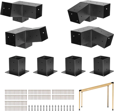 VEVOR Pergola Kit, 4x4 Inch 3-Way Slanted Bracket for 3.5x3.5 Inch Wood Beams in Actual Size, Carbon Steel Pergola Bracket with Screws and Post Bases, for Outdoor Wood Pergolas, Gazebos, Sheds, 8 Pcs