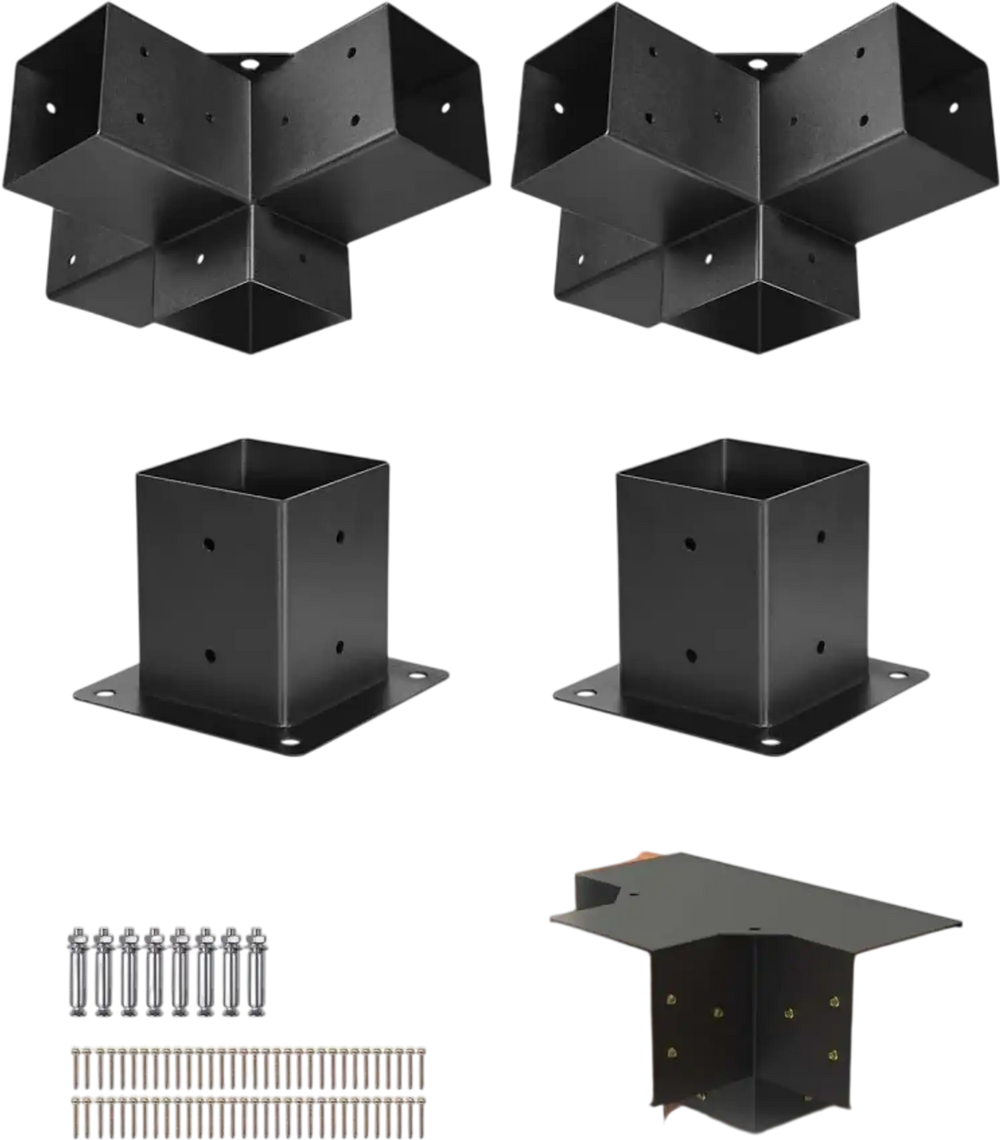 VEVOR Pergola Bracket Kit, 4x4 Inch (Inner Size 3.5x3.5), 2 Pcs 4-Way Heavy Duty Corner Bracket Woodworks DIY Post Base Kit, Easy Installation Wooden Beams for Gazebos, Patio Pergolas, Log Cabin