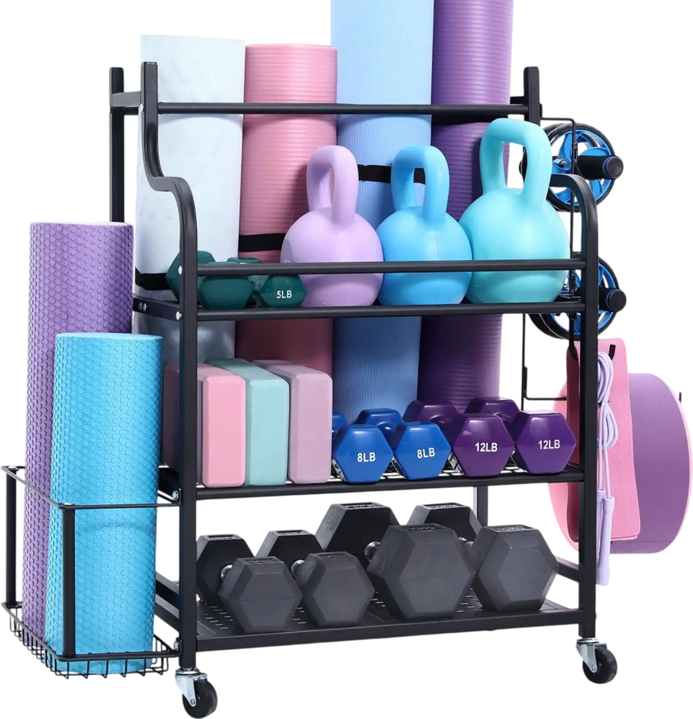 VEVOR Yoga Mat Storage Rack, Home Gym Workout Equipment Organizer, Powder Coated Finish Steel Yoga Mat Holder with Hooks & Wheels, Weight Rack for Dumbbell, Kettlebell, Foam Roller, and Yoga Strap