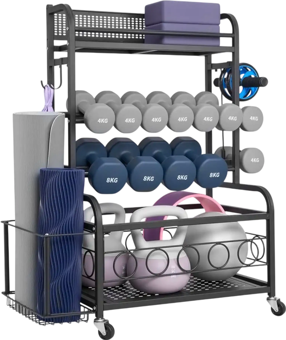 VEVOR Yoga Mat Storage Rack, Home Gym Workout Equipment Organizer, Powder Coated Finish Steel Yoga Mat Holder with Hooks & Wheels, Weight Rack for Dumbbell, Kettlebell, Foam Roller, and Yoga Strap