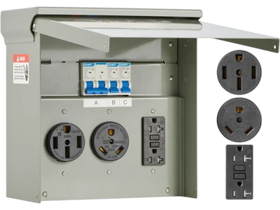 VEVOR Temporary Power Outlet Panel, 20 30 50 Amp, RV EV Electrical Outlet Panel, with NEMA 50 Amp NEMA 30 Amp GFCI 20 Amp Receptacle Installed, Pre-Wired IP54 Weatherproof Box, for RV Camper Motorhome