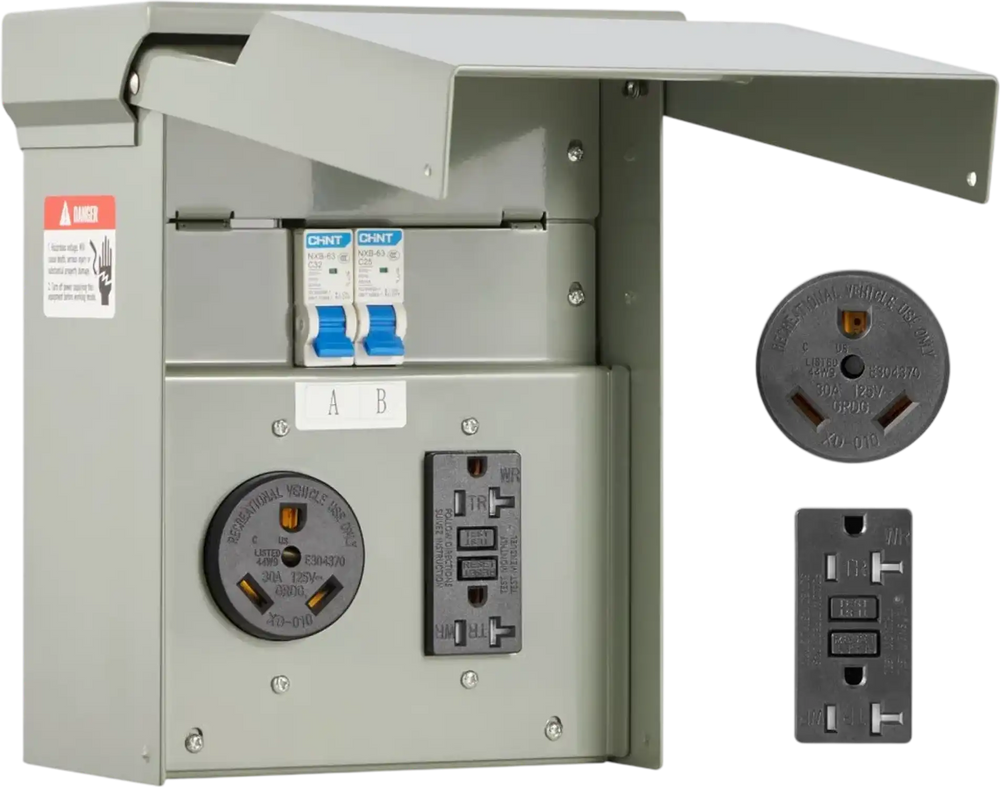 VEVOR Temporary Power Outlet Panel, 20 30 Amp, RV EV Electrical Outlet Panel with NEMA 30 Amp GFCI 20 Amp Receptacle Installed, Pre-Wired IP54 Weatherproof Box, for RV Camper Car Travel Motorhome