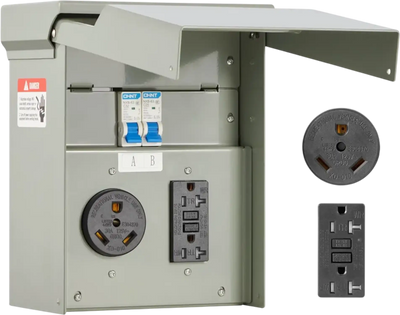 VEVOR Temporary Power Outlet Panel, 20 30 Amp, RV EV Electrical Outlet Panel with NEMA 30 Amp GFCI 20 Amp Receptacle Installed, Pre-Wired IP54 Weatherproof Box, for RV Camper Car Travel Motorhome