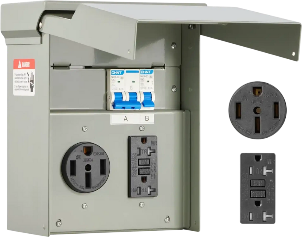 VEVOR Temporary Power Outlet Panel, 20 50 Amp, RV EV Electrical Outlet Panel with NEMA 50 Amp GFCI 20 Amp Receptacle Installed, Pre-Wired IP54 Weatherproof Box, for RV Camper Car Travel Motorhome