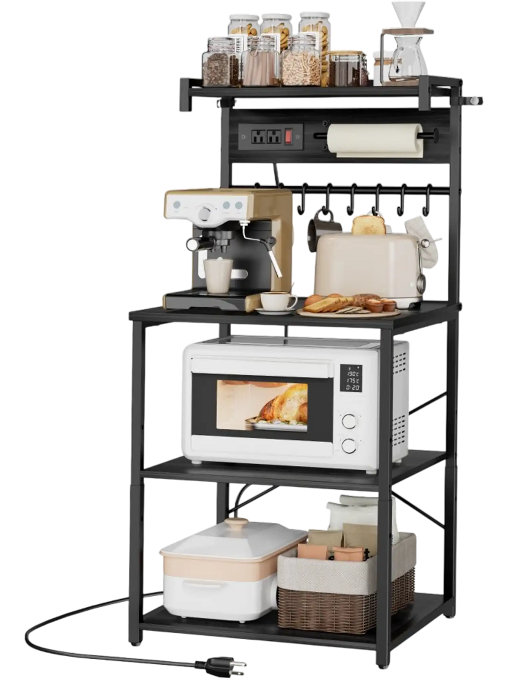 VEVOR Kitchen Bakers Rack, 4.6ft Power Cable Bakers Rack with Power Outlet, Kitchen Stand with X-Shaped Support Bar, 8 S-Shaped Hooks, Coffee Bar Stand for Dishes, Spice Bottles, Built-In Power Strip