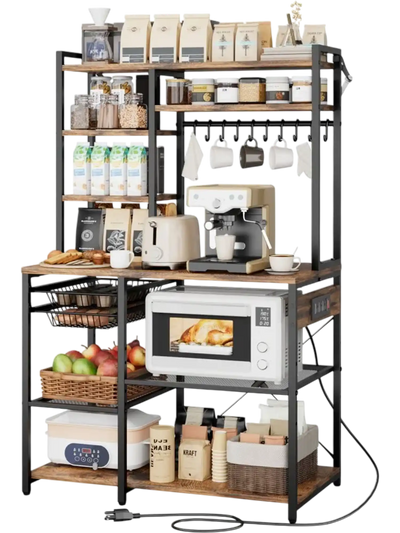VEVOR Kitchen Bakers Rack, 5 ft Power Cable Bakers Rack with Power Outlet, Kitchen Stand with X-Shaped Support Bar, 10 S-Shaped Hooks, Coffee Bar Stand for Dishes, Spice Bottles, Built-In Power Strip