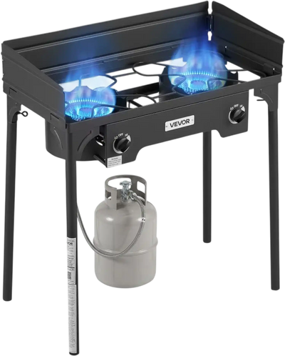 VEVOR 2 Burner Outdoor Propane Gas Stove, 150,000 BTU Propane LPG Gas Camping Stove, Heavy Duty Carbon Steel Outdoor Cooker, with Shield & Tall Stand & PSI Regulator, for BBQ Camp Home Patio Backyard