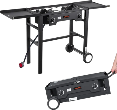 Vevor Outdoor Gas Stove 2 Burner 150,000 BTU Foldable Propane Cooker with Wheels New