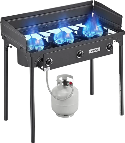 VEVOR 3 Burner Outdoor Propane Gas Stove, 225,000 BTU Propane LPG Gas Camping Stove, Heavy-duty Carbon Steel Outdoor Cooker, with Shield & Tall Stand & Regulator, for BBQ Camp Home Patio Backyard